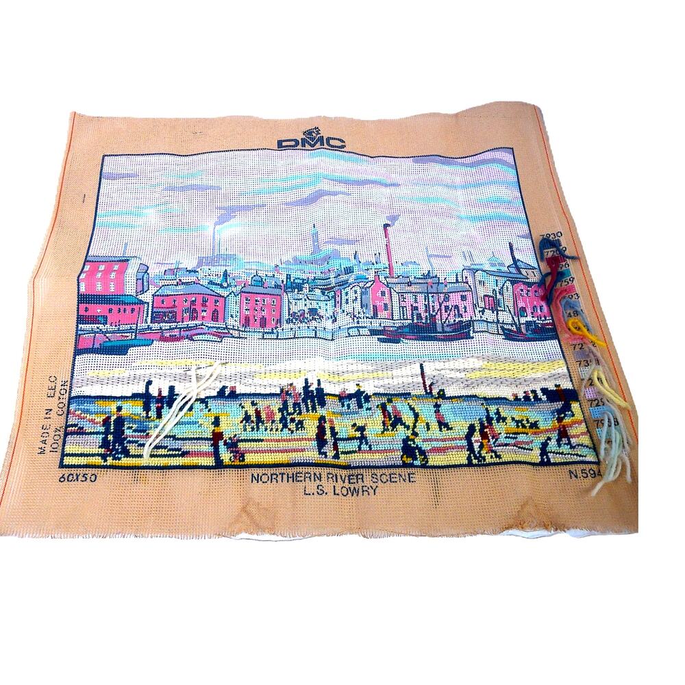 Vintage DMC Needlepoint Northern River Scene LS Lowry WITH Yarn